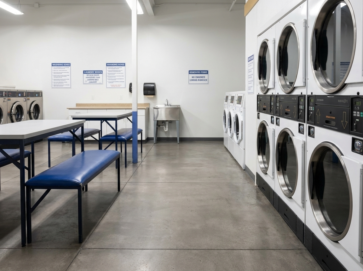 Wash and fold area with commercial dryers and clean folding tables
