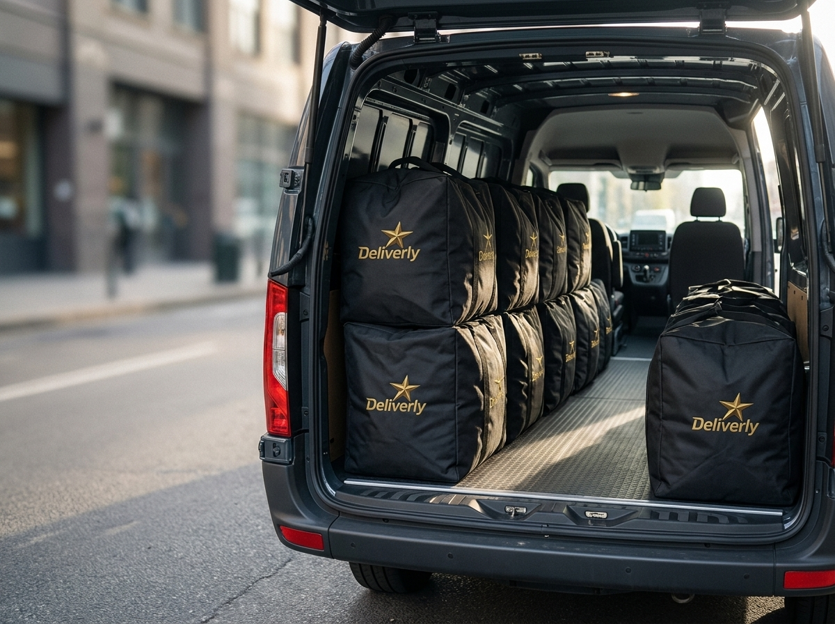 Deliverly van loaded with branded black and gold Deliverly laundry bags