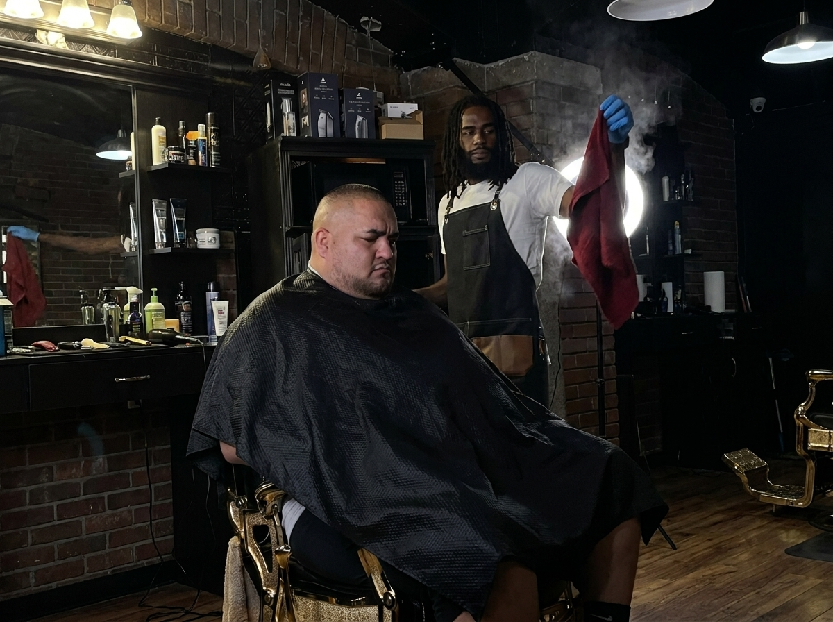 Jayy Klipsz in a leather apron steaming a towel behind a client in a classic barber chair