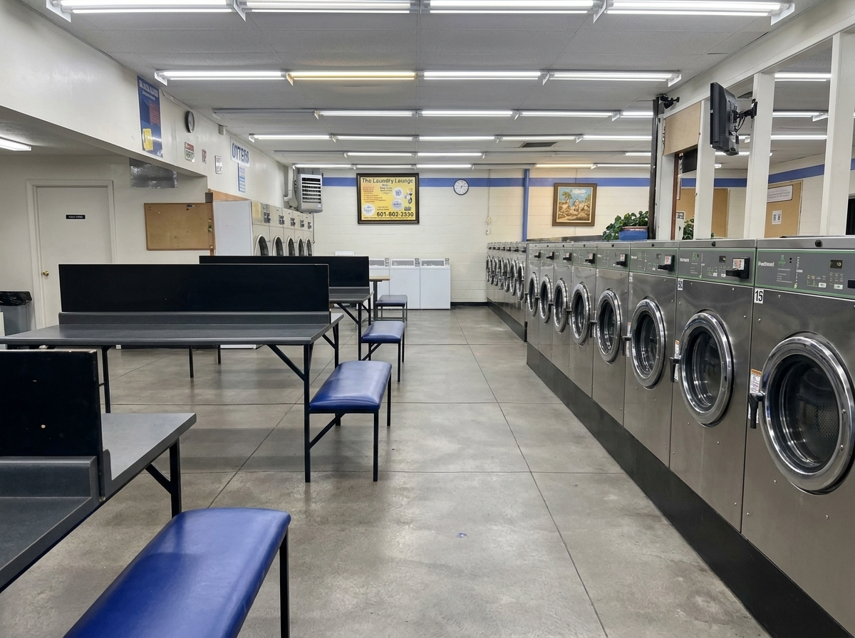 Wide view of the clean laundromat facility with folding tables and commercial washer bank